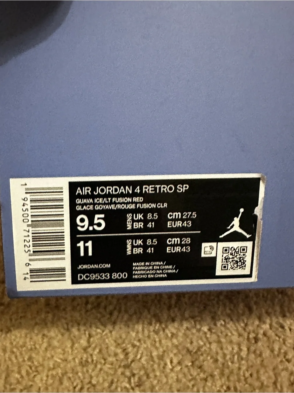 Air Jordan 4 Union LA Guava Ice 2020 Size 9.5 Used Rare Retro Authentic Pink